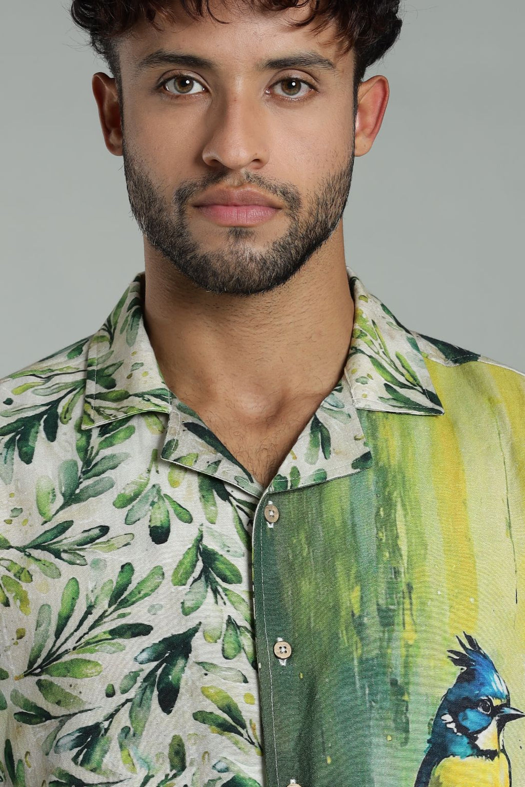 The Verdant Kingfisher Split Graphic Camp Shirt