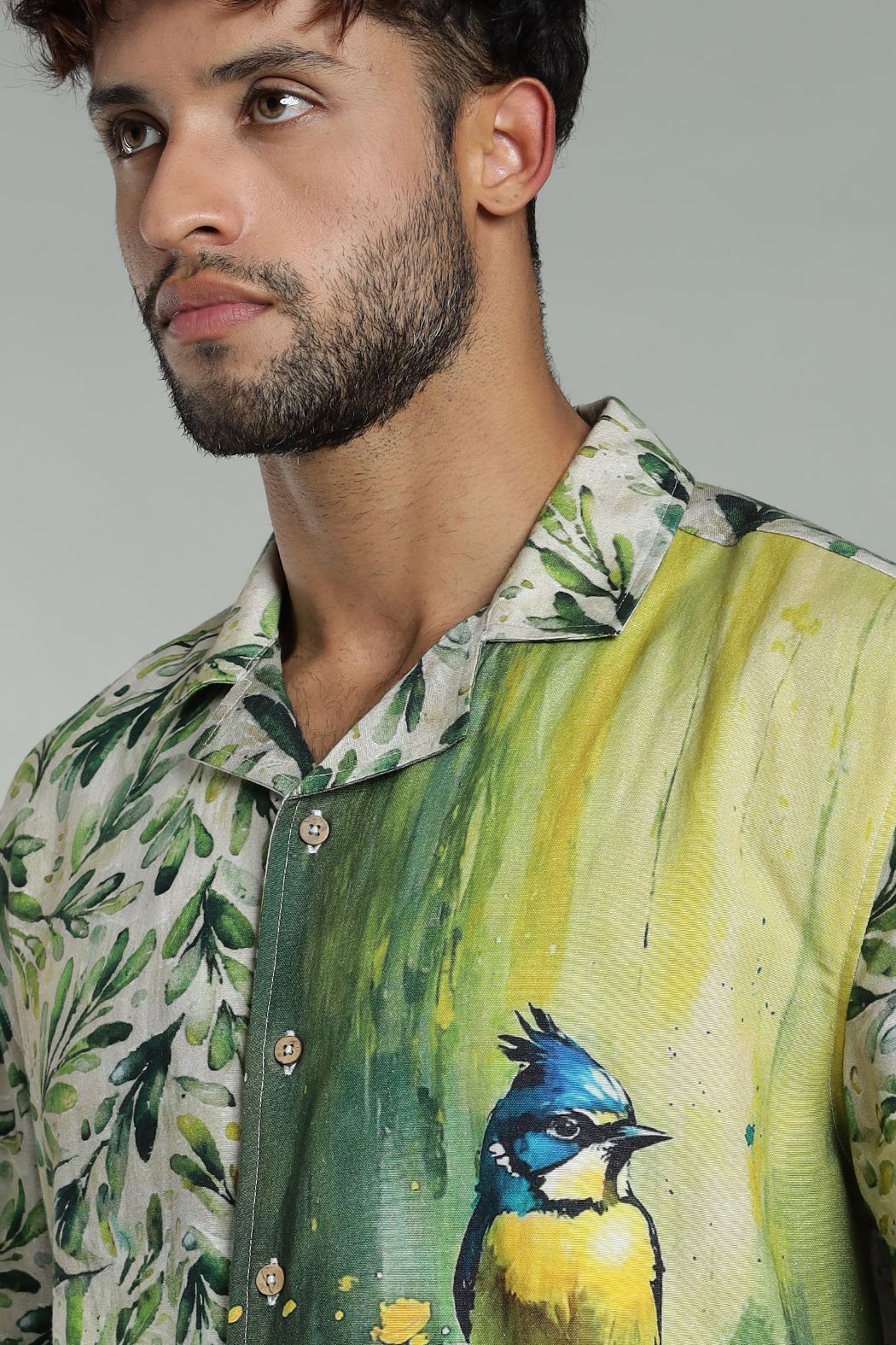 The Verdant Kingfisher Split Graphic Camp Shirt