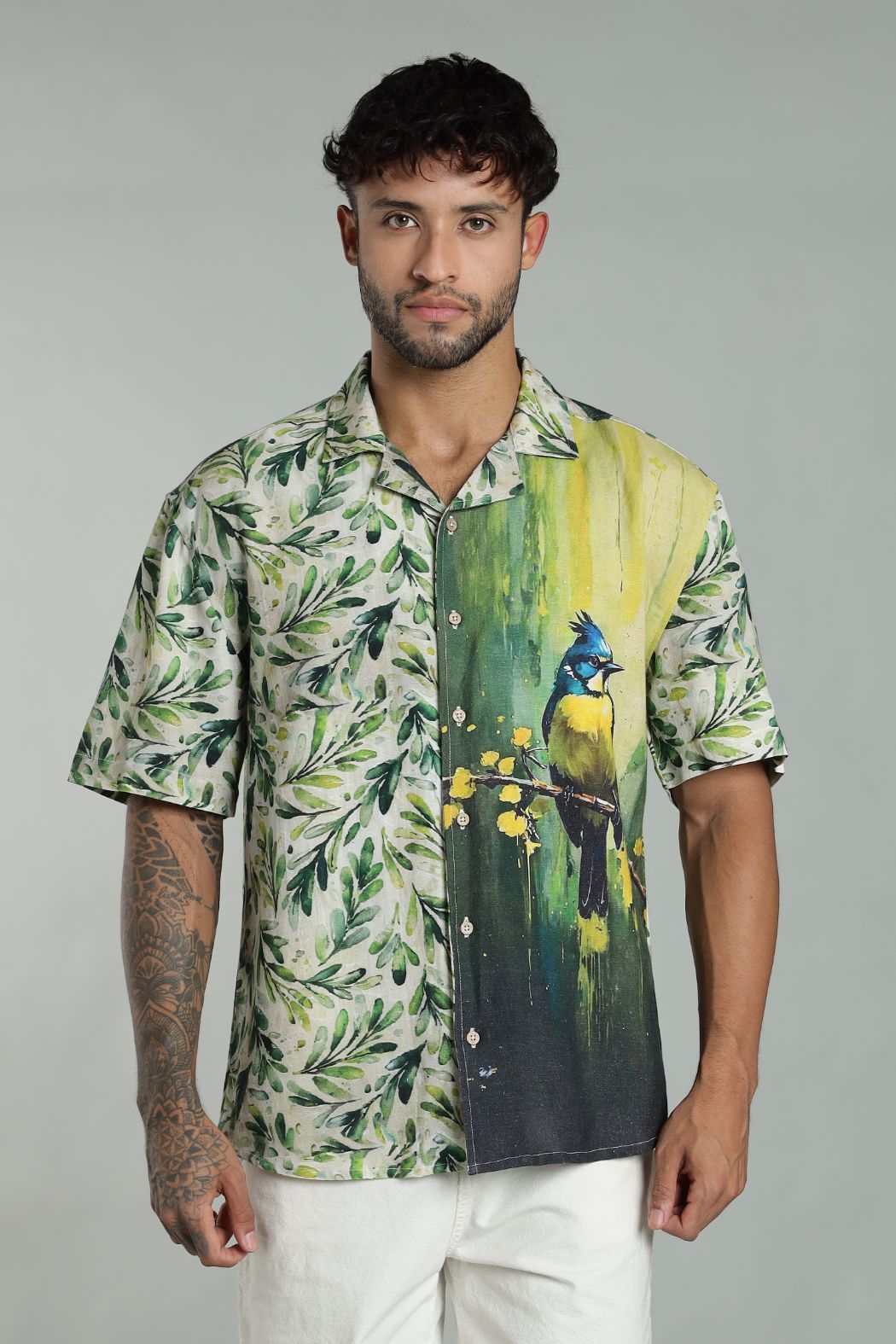 The Verdant Kingfisher Split Graphic Camp Shirt