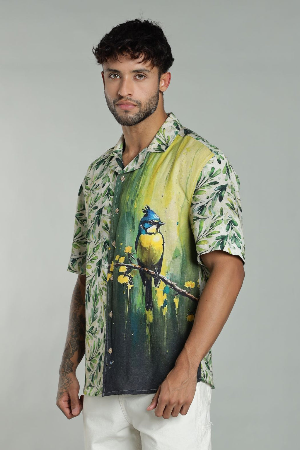 The Verdant Kingfisher Split Graphic Camp Shirt