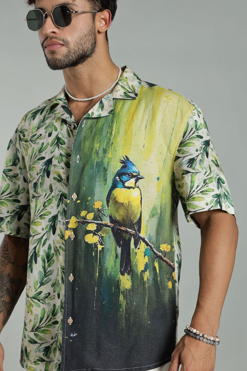 The Verdant Kingfisher Split Graphic Camp Shirt
