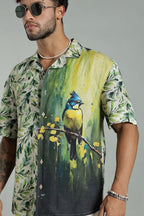 The Verdant Kingfisher Split Graphic Camp Shirt