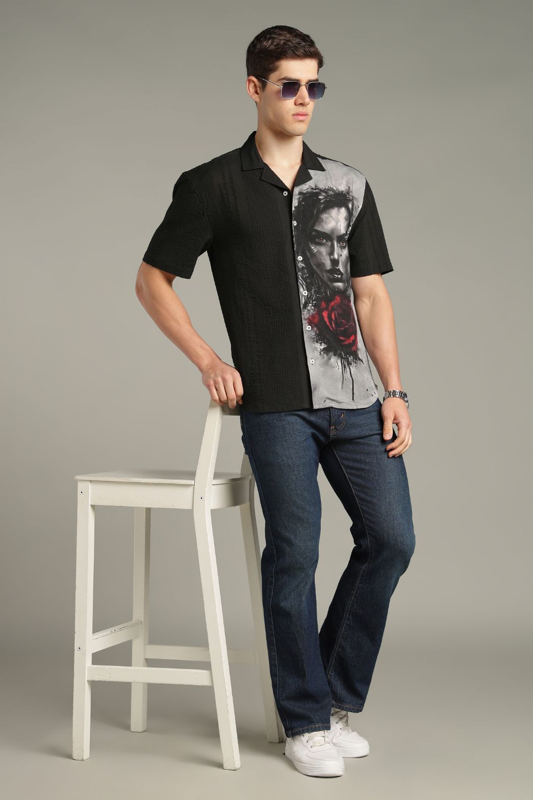 Dark Romance Split Graphic Cuban Collar Shirt