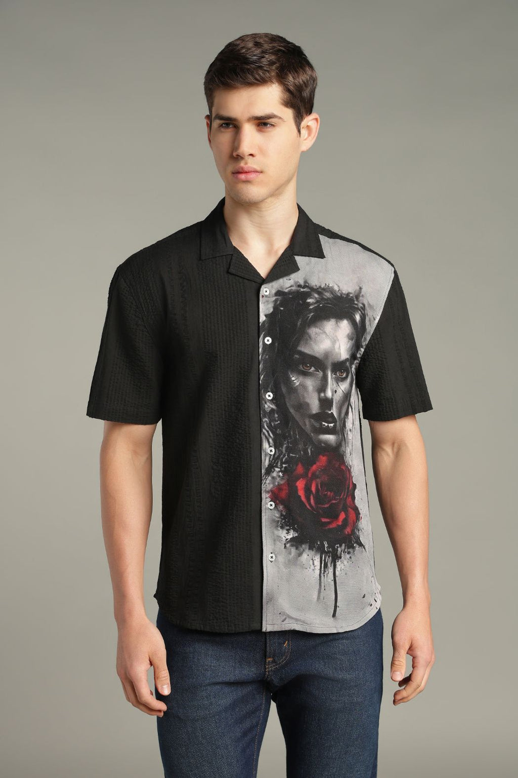 Dark Romance Split Graphic Cuban Collar Shirt