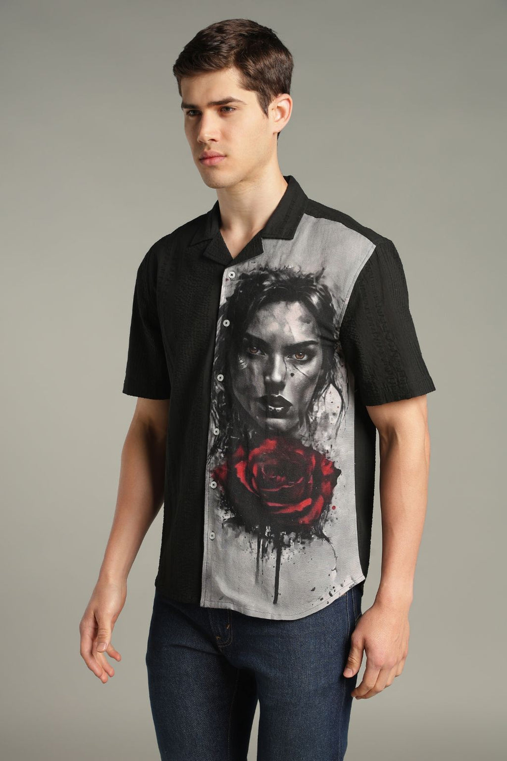 Dark Romance Split Graphic Cuban Collar Shirt