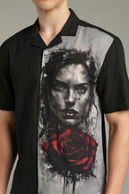 Dark Romance Split Graphic Cuban Collar Shirt