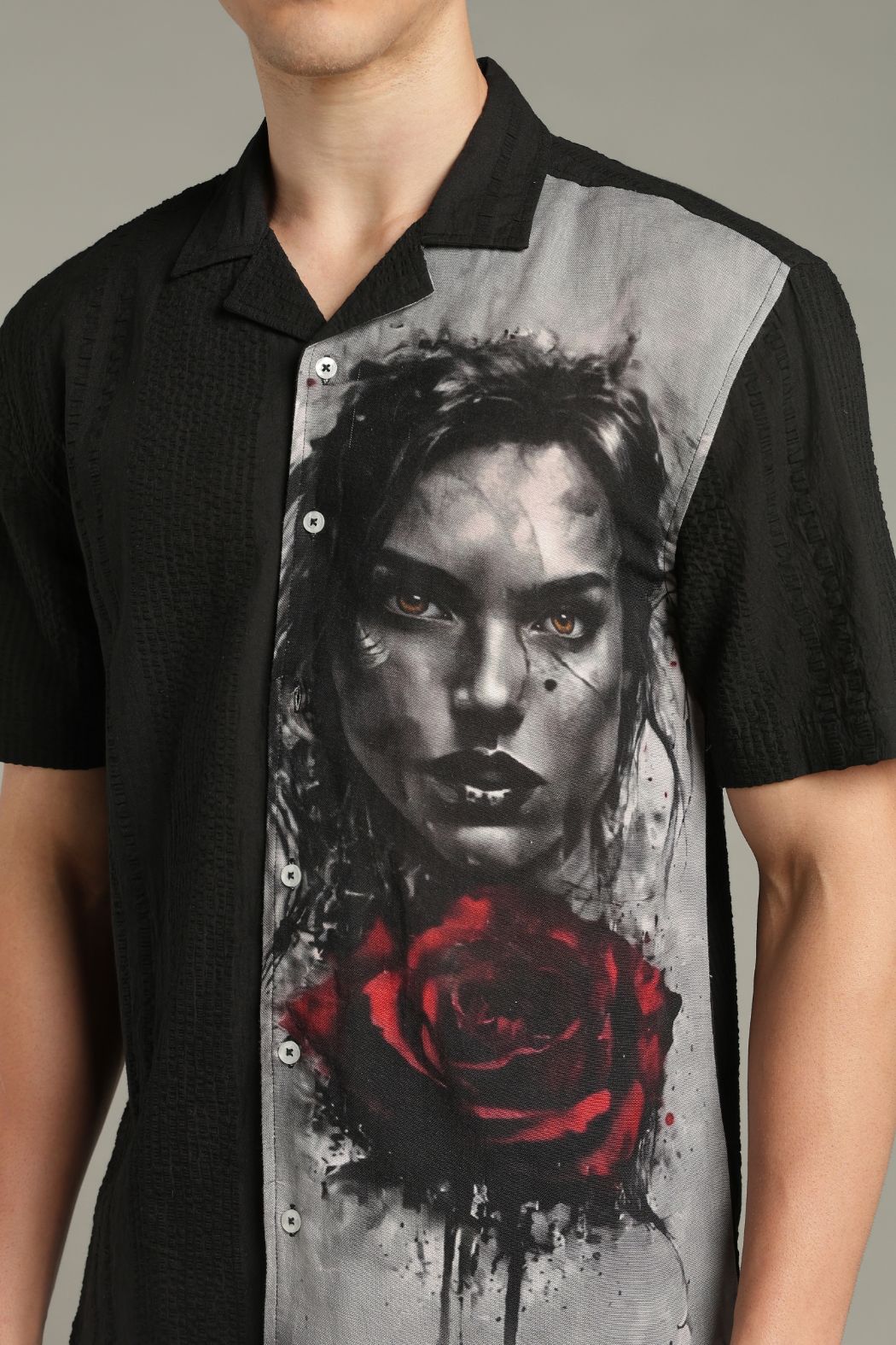 Dark Romance Split Graphic Cuban Collar Shirt