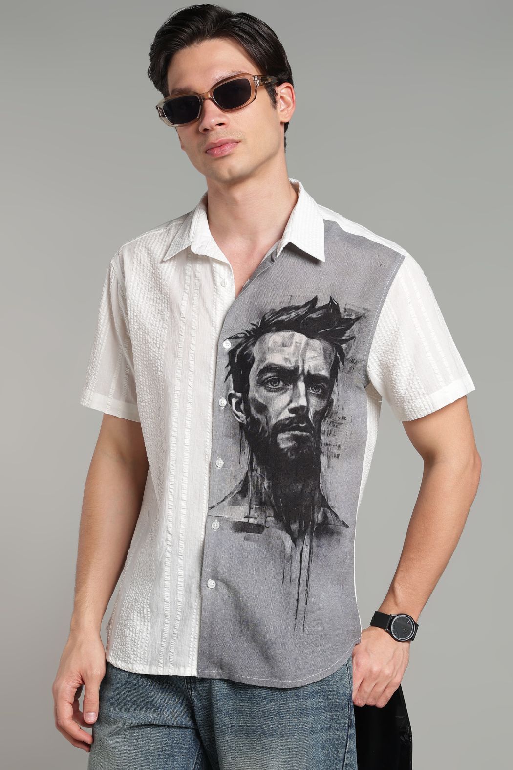The Charcoal Muse Split Graphic Camp Shirt