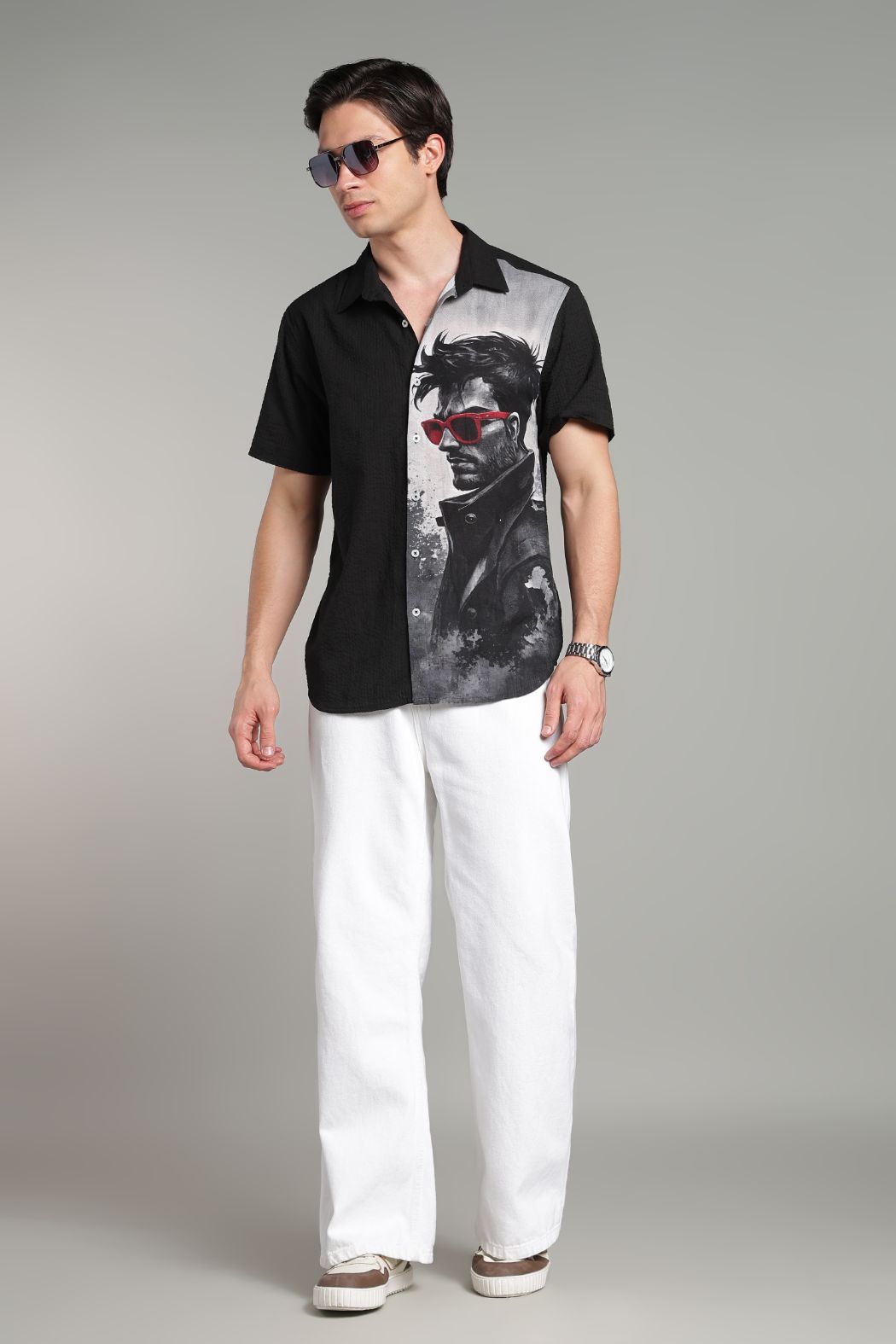 The Crimson Shades Split Graphic Camp Shirt